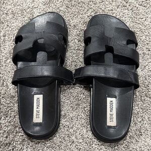 Steve Madden Black Leather Double-Strap Slide Sandals